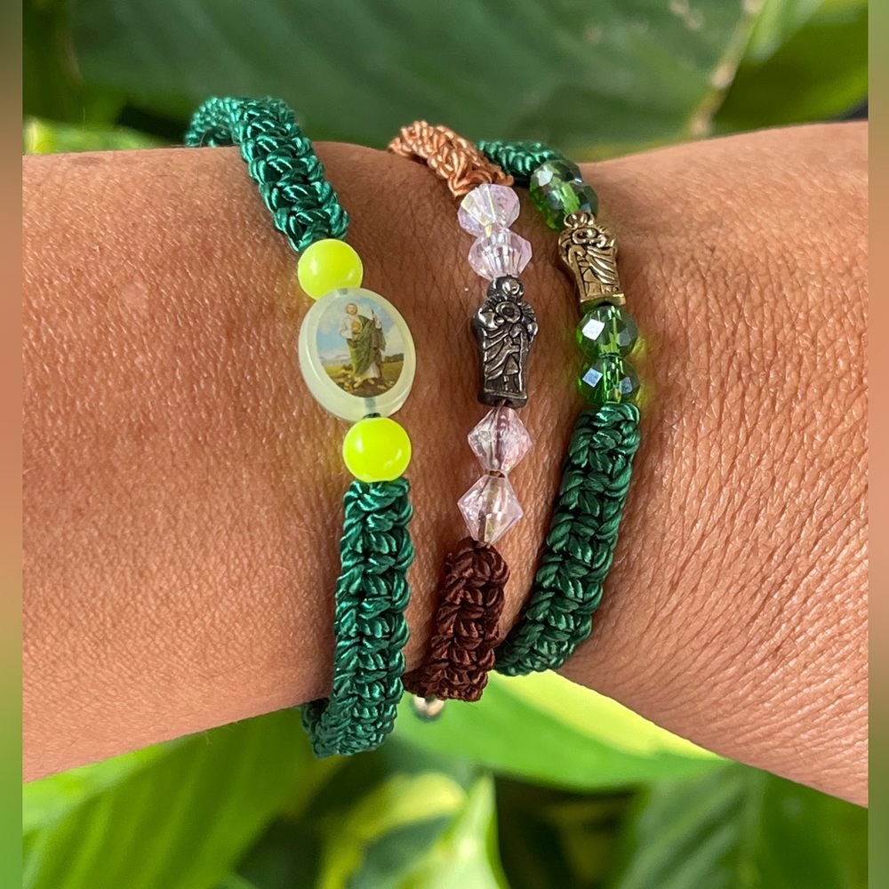 Handcrafted Green and Brown Beaded Bracelet Set (3)San Judas Tadeo